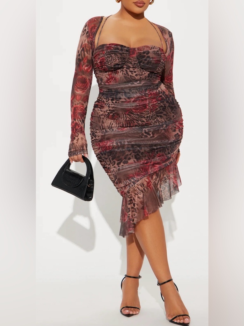 Ruched Floral Animal Print Mesh Dress in Rose Brown